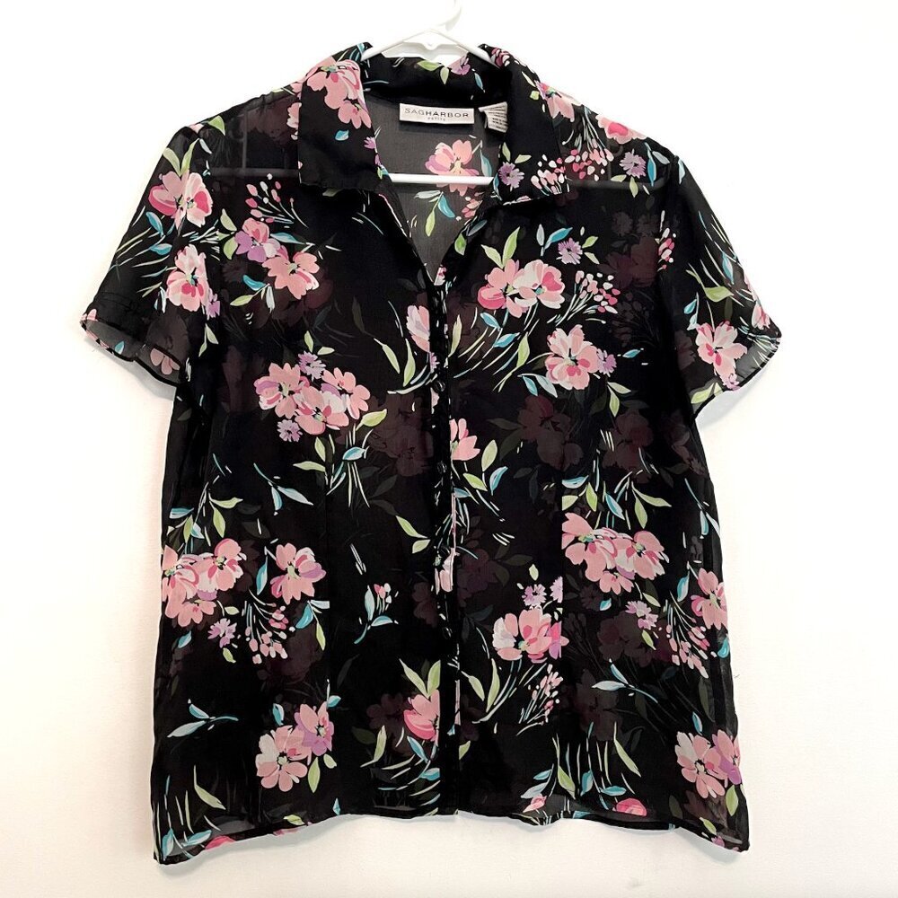 VINTAGE SAG HARBOR Black Pink Floral Short Sleeve Sheer Button Down PETITE Large